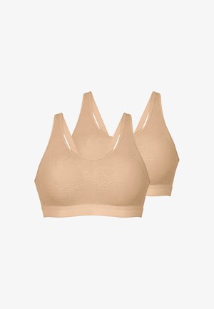 To beige trådløse bh’er med blonde mønster, brede stropper og elastiske bånd, vist på en hvid baggrund.