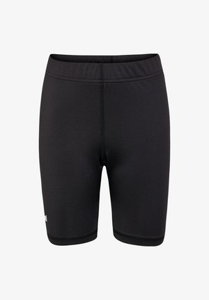 Schwarze Schwimmshorts aus dehnbarem Material, mit einem elastischen Bund, Flachnaht-Nähten und einem kleinen Logo auf der unteren linken Seite.