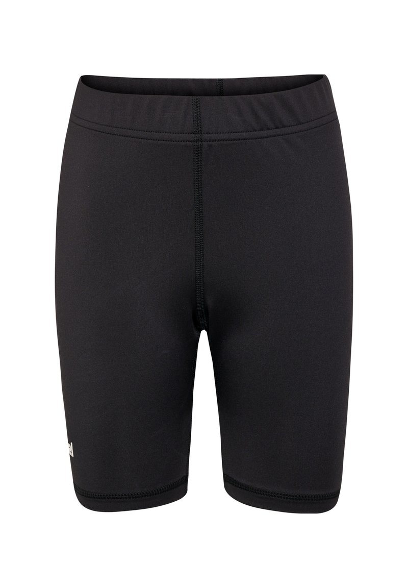 Svarta simshorts i elastiskt material, med resårmidja, platta sömmar och en liten logotyp på nedre vänstra sidan.