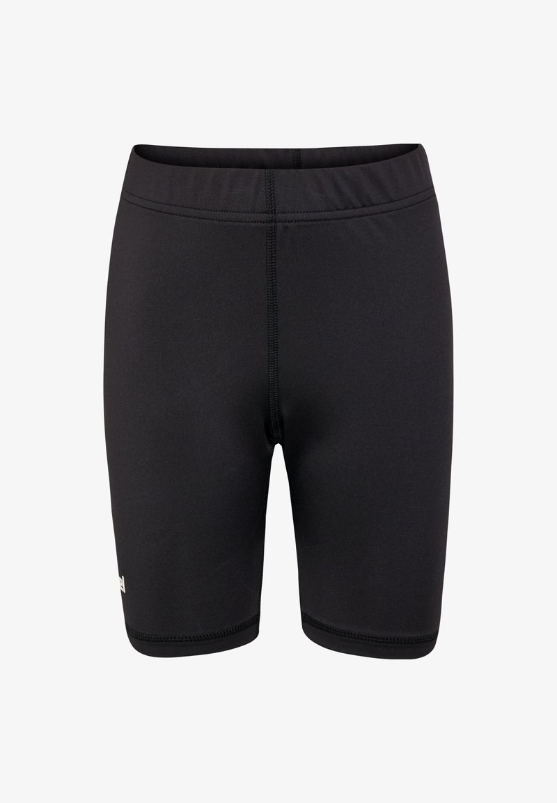 Svarta simshorts i elastiskt material, med resårmidja, platta sömmar och en liten logotyp på nedre vänstra sidan.