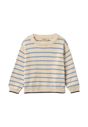Beige gebreide trui met lichtblauwe horizontale strepen, geribde ronde hals, manchetten en zoom, met een klein WHEAT merklabel aan de binnenkant van de kraag.