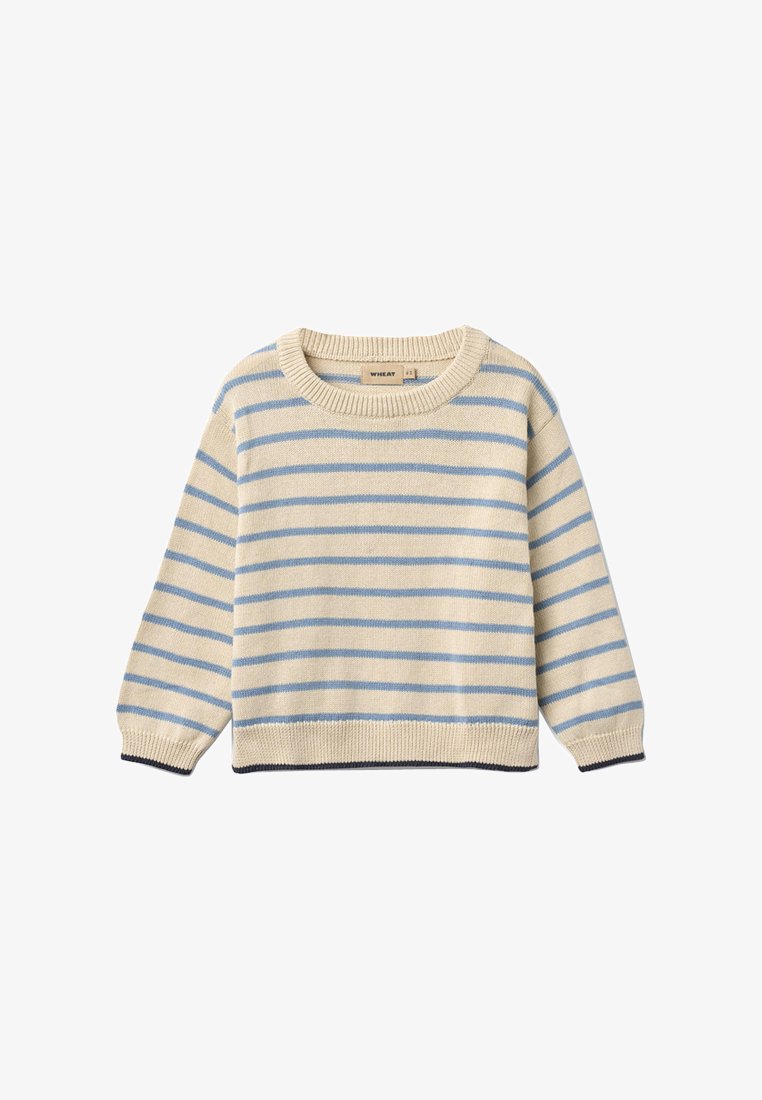 Beežist kootud kampsun hele siniste horisontaalsete triipudega, soonikuga ümmarguse kaeluse, varrukaservade ja äärega, mille sees on väike WHEAT brändi sildike krae all.