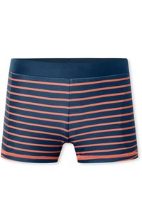 Marineblå badetøj med horisontale orange striber, elastisk talje, tætsiddende design og glat tekstur. Ingen yderligere mønstre eller accenter.