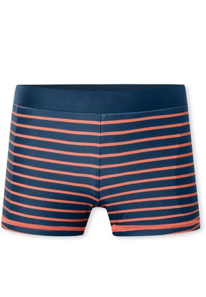 Marine zwemshorts met horizontale oranje strepen, elastische tailleband, aansluitend ontwerp en een gladde textuur. Geen extra patronen of accenten.