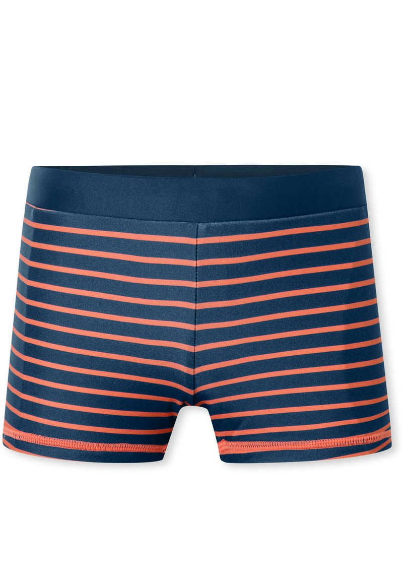 Marineblå badetøj med horisontale orange striber, elastisk talje, tætsiddende design og glat tekstur. Ingen yderligere mønstre eller accenter.