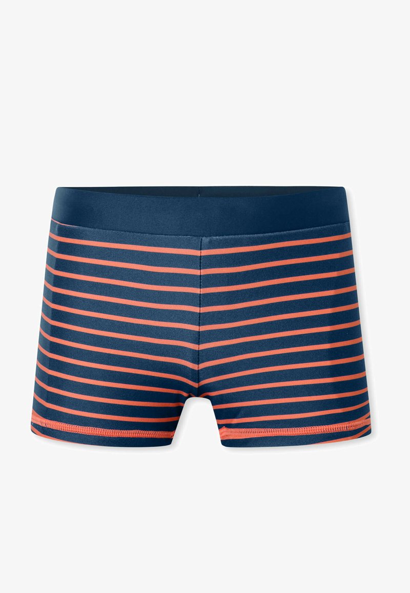 Marineblå badetøj med horisontale orange striber, elastisk talje, tætsiddende design og glat tekstur. Ingen yderligere mønstre eller accenter.