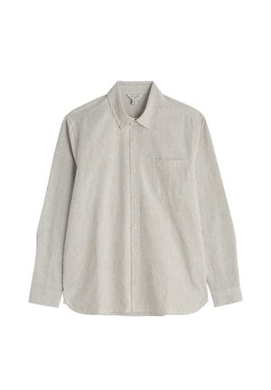 Dryžuota šviesiai smėlio ir žalia spalvų mygtukinė palaidinė su apykakle, ilgomis rankovėmis, krūtinės kišene ir apvaliu apačios kirpimu. Minkšta audinio tekstūra.