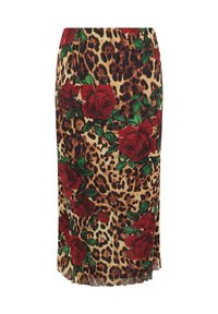 Falda de tejido poliéster con estampado de leopardo, rosas rojas, hojas verdes, silueta recta, hasta la rodilla, cinturilla elástica y ligero brillo.
