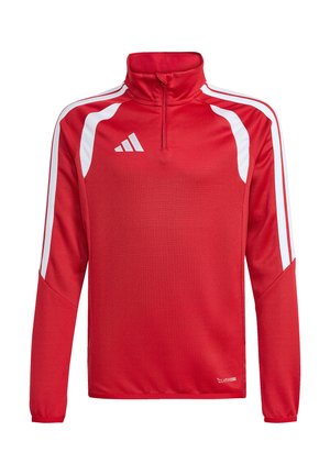 Rød sportsbluse med lange ærmer med hvide striber på skuldre og ærmer, kvart lynlås krave og et lille logo på brystet og kanten.