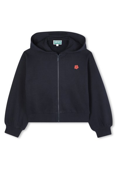 Marineblauwe hoodie met ritssluiting, voorzak, geribbelde manchetten en zoom. Voorzien van een klein rood bloemenlogo op de linkerborst. Zachte stoffenstructuur.