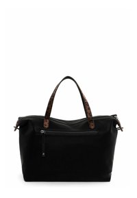 Borsa nera con manici a stampa leopardo, chiusura con zip, tasca frontale, texture liscia, forma rettangolare, adatta per uso casual.