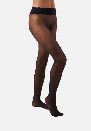 Collants noirs transparents avec une taille échancrée, texture lisse et design ajusté, s'étendant de la taille aux orteils avec une finition semi-transparente.