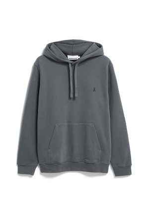 Grauer Kapuzenpullover aus weichem Fleece. Verfügt über eine Fronttasche, gerippte Bündchen und ein kleines Logo auf der Brust.