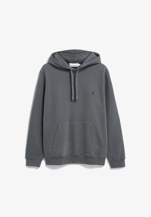 Grauer Kapuzenpullover aus weichem Fleece. Verfügt über eine Fronttasche, gerippte Bündchen und ein kleines Logo auf der Brust.
