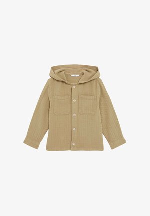 Khaki hættetrøje lavet af struktureret stof, med knaplukning foran, to brystlommer og lange ærmer med knapmanchetter.