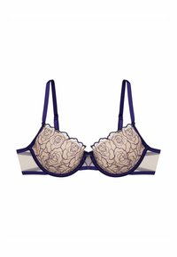 Lace bra with floral design in beige, featuring purple satin accents. Molded cups, scalloped edges, and adjustable straps add detail.