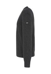 Knitpullover in karbon-grau mit langen Ärmeln, gerippten Bündchen und einem kleinen Logolabel auf der linken Schulter. Klassisches Rundhalsdesign.
