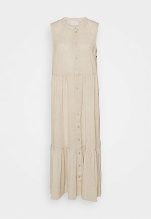 Beżowa, bezrękawnikowa sukienka midi z okrągłym dekoltem, guzikami z przodu i falbanami na dole. Wykonana z teksturowanej tkaniny z delikatnym wzorem tkanym.