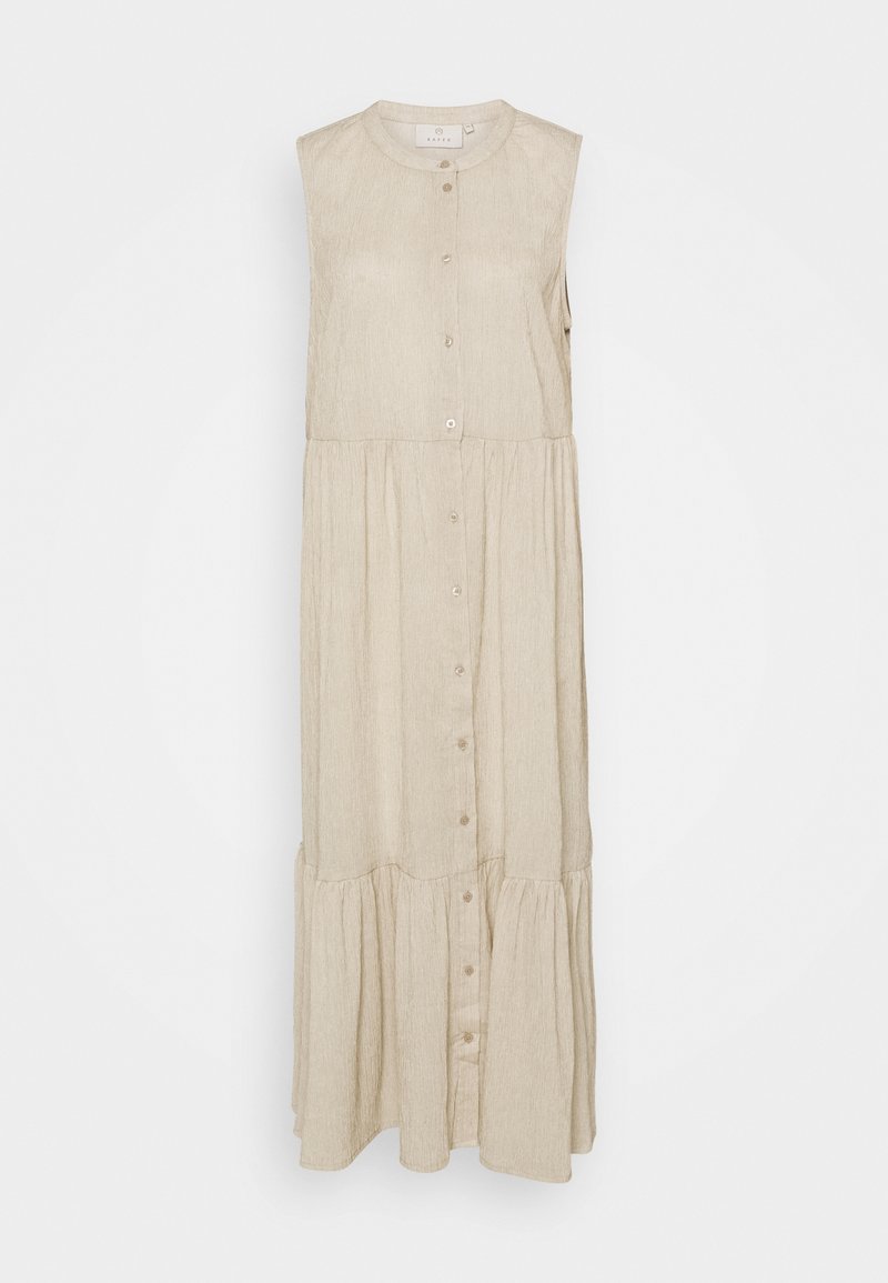 Robe midi beige sans manches avec un col rond, des boutons sur le devant et un ourlet à volants en étages. Confectionnée dans un tissu texturé avec un motif tissé subtil.