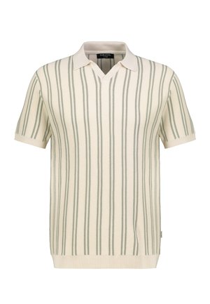 Cream short-sleeve knit polo shirt with green vertical stripes, ribbed cuffs and hem, and a collar with a V-neck opening.