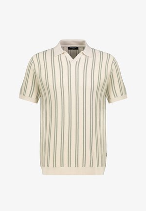 Cremefarbenes kurzärmliges Strick-Poloshirt mit grünen vertikalen Streifen, gerippten Bündchen und Saum sowie einem Kragen mit V-Ausschnitt.