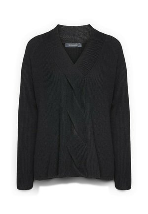 Pull en tricot noir avec un col en V, des manches longues et un design croisé avec un panneau avant texturé et torsadé, ainsi qu'une base côtelée.
