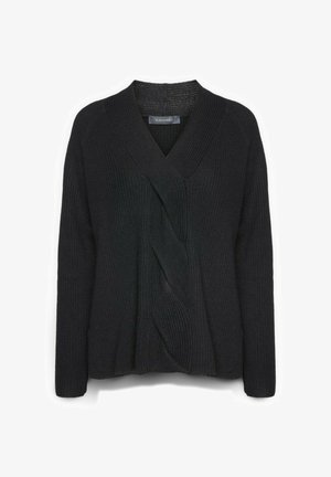 Pullover nero lavorato a maglia con scollo a V, maniche lunghe e design incrociato che presenta un pannello frontale testurizzato e attorcigliato e orlo a coste.
