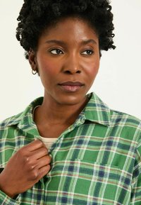 Green plaid flannel shirt with white, blue, and red accents. Features a button-up collar and chest pocket. Soft texture visible.