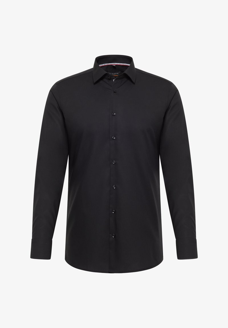 Zwart shirt met lange mouwen gemaakt van gladde stof. Voorzien van een knoopsluiting aan de voorkant, een klassieke kraag en manchetten met één knoop. Subtiele stiksel details.