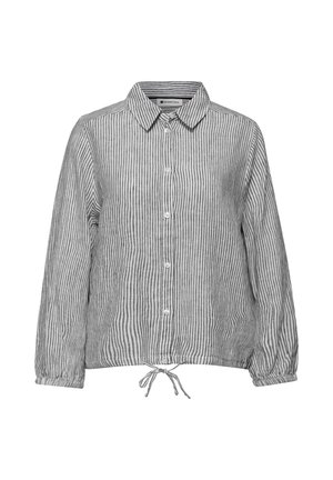 Overhemd met lange mouwen, grijs-witte verticale strepen, knoopsluiting, kraag en verstelbare koordzoom.