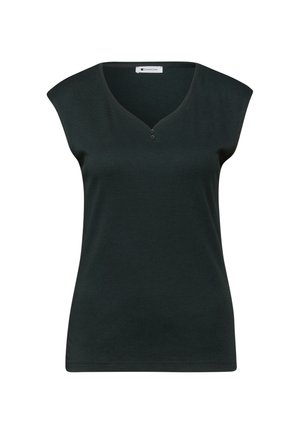 Černý dámský top bez rukávů s výstřihem do V a dvěma malými knoflíky pod výstřihem, rovný lem a značková etiketa uvnitř límce.