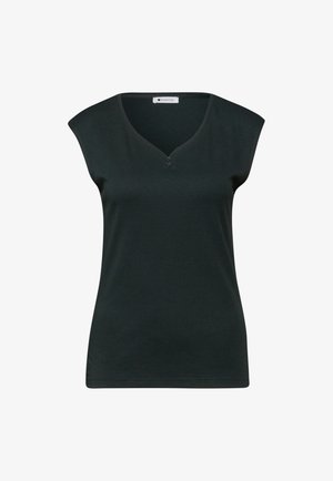 Zwarte mouwloze dames top met V-hals en twee kleine knopen onder de halslijn, rechte zoom en merklabel aan de binnenkant van de kraag.