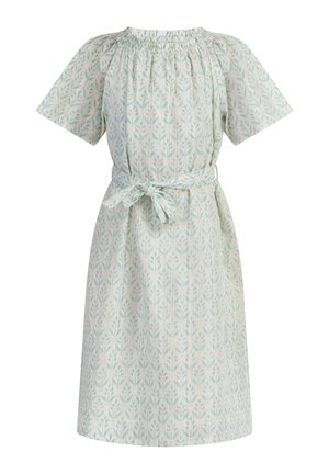 Hellfarbiges knielanges Kleid mit kurzen Ärmeln, elastischem Ausschnitt, Blattmuster und gebundenem Stoffgürtel in der Taille.