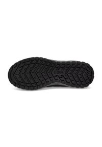 Sole di scarpa sportiva nera con un motivo a zigzag per la trazione e un logo in rilievo, con una superficie testurizzata per una migliore aderenza.