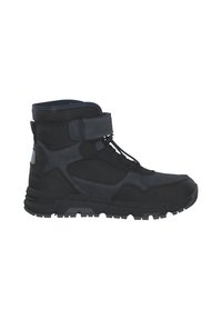 Bottines noires avec une combinaison de tissu texturé et de semelles en caoutchouc, orteil renforcé, sangle Velcro et lacets ajustables.