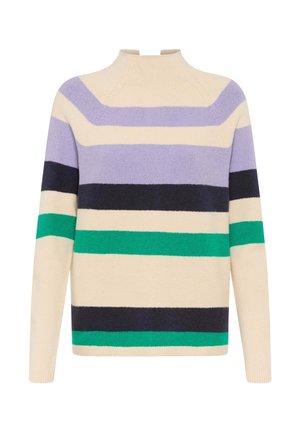 striktrøje med høj hals, der har vekslende striber i lilla, flødefarvet, marineblå og grøn, med en blød tekstur.
