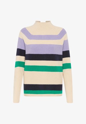 striktrøje med høj hals, der har vekslende striber i lilla, flødefarvet, marineblå og grøn, med en blød tekstur.