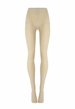 Beige patroonpanty's met een hoge tailleband, van voren weergegeven tegen een effen witte achtergrond.