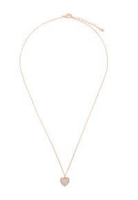 Collana in oro rosa con una delicata catena e un pendente a forma di cuore adornato con accenti scintillanti. Presenta un gancio e una lunghezza regolabile.