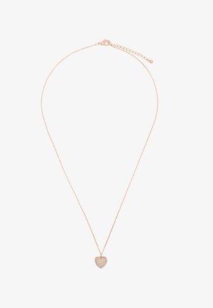 Halskette aus Roségold mit einer zarten Kette und einem herzförmigen Anhänger, der mit funkelnden Akzenten verziert ist. Verfügt über einen Verschluss und eine verstellbare Länge.