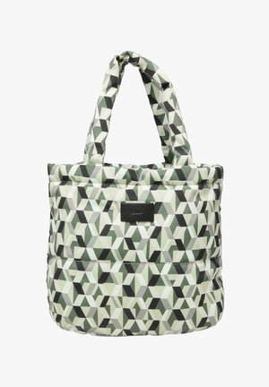 Torebka tote w wzory z geometrycznymi kształtami w kolorze zielonym, czarnym i białym. Wykonana z tkaniny, z mocnymi uchwytami i małym, markowym akcentem.