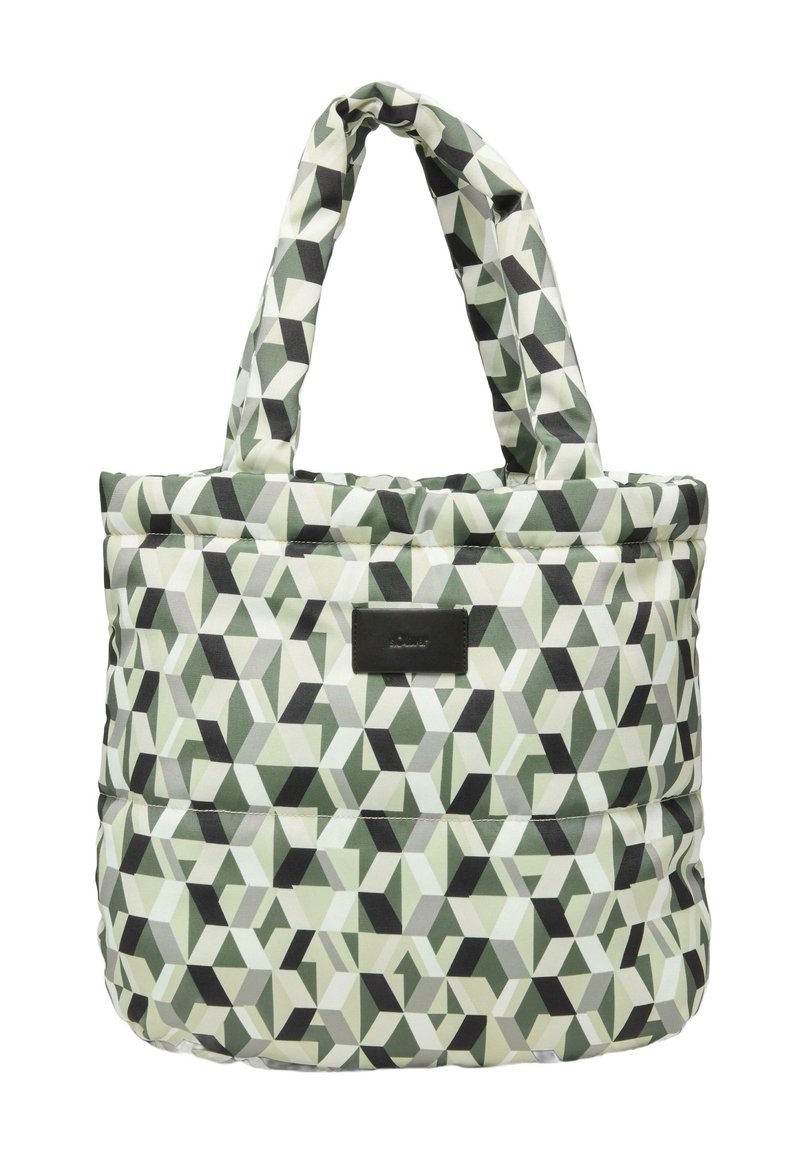 Geometrische vormen in groen, zwart en wit op een patroon tote tas. Gemaakt van stof, met stevige handvatten en een klein merkaccent.