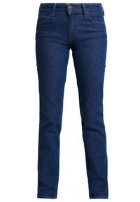 Pantalones vaqueros de denim azul oscuro con corte slim, que presentan una cintura de altura media, costuras sutiles y un diseño clásico de cinco bolsillos.