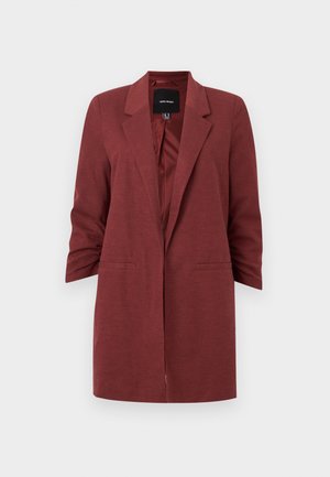 Langer Damenblazer in Burgunderrot mit Kerbkragen, zwei vorderen Schlitztaschen, leicht gerafften Ärmeln und einem glatten Satin-Innenfutter.