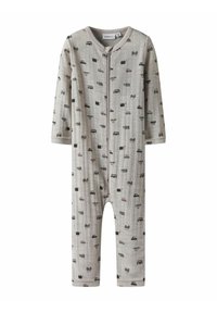Ljusgrå babyoverall i mjukt tyg, med zippered stängning och ett m�önster av bilar och resväskor i mörka färger över hela. Långa ärmar.