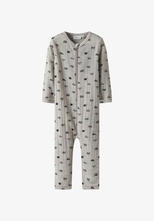 Lys grå boddy laget av mykt stoff, med glidelås og et heltrykk av biler og kofferter i mørke farger. Lange ermer.