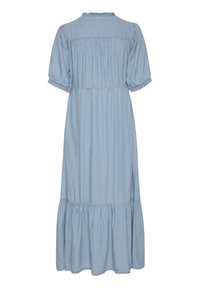 Ljust blå midi-klänning med puffärmar, samlade sömmar vid midjan och fållen, samt en vågig halsringning, visad bakifrån.