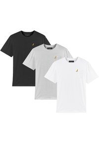 Three short-sleeve t-shirts in black, gray, and white, featuring a small yellow logo on the chest pocket area, cotton material.