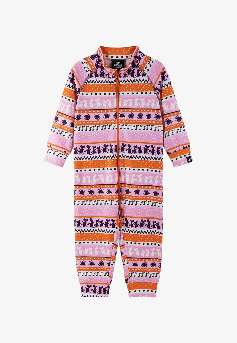 Bunter Overall mit Reißverschluss, der verschiedene verspielte Muster in Pink, Orange und Lila zeigt, mit langen Ärmeln und einem hohen Kragen.