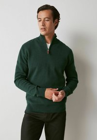 Pulover cu guler cu fermoar verde închis, dintr-un material tricotat moale. Are mâneci lungi și manșete și tiv cu dungi, purtat peste o cămașă albă.